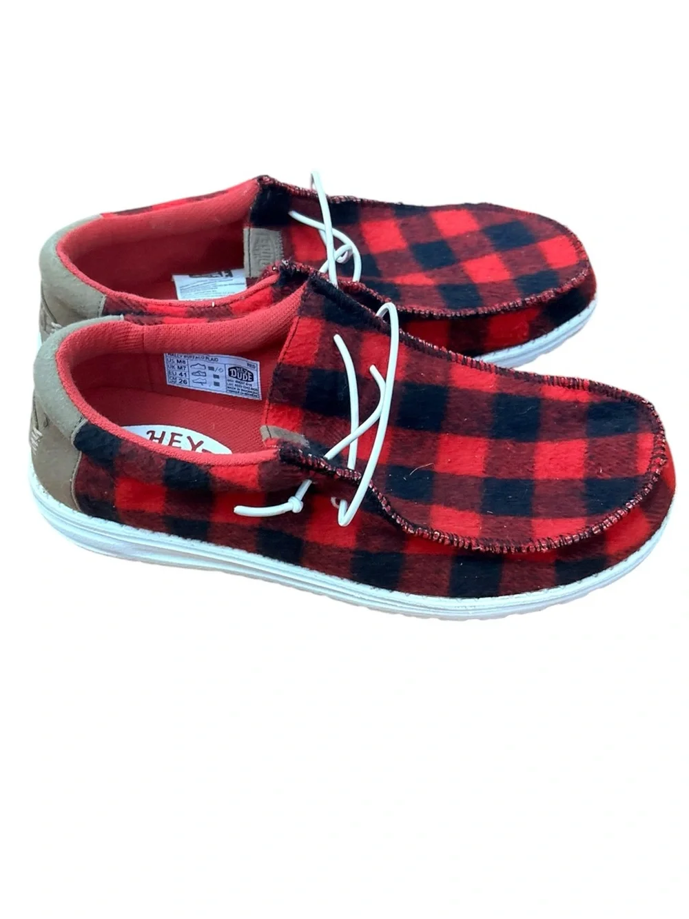Hey Dude Men's Red and Black Buffalo Plaid Slip-On Loafers